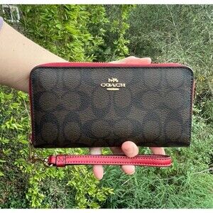 COACH Brown Long Zip-Around Wallet Smooth Leather with Gold Hardware AUTHENTIC